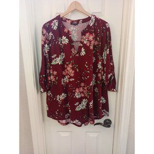 Women's A.Jesdani Elegant Stretchy Maroon Floral Print Vneck Blouse Size 3X